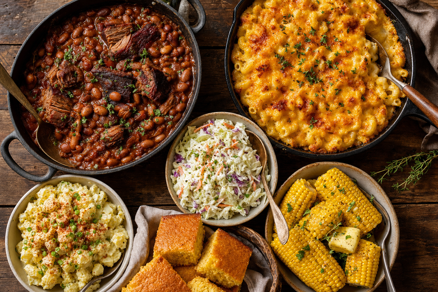 Overhead spread of Southern barbecue sides: cowboy beans, rice, and potato salad
